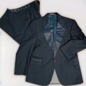 FENZIA Black Wool Tuxedo Suit 2 Piece Notch Lapel Mens Size 40R Pants 34x30